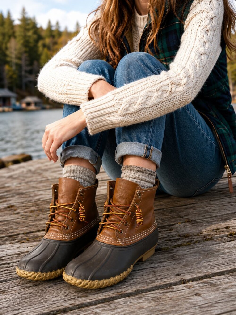 LL Bean Womens Duck Boots Brown Leather Rubber Rain Snow Boots Size 8